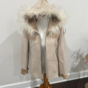 Winlit Leather/Suede Hooded Coat w/ Mongolian Fur M